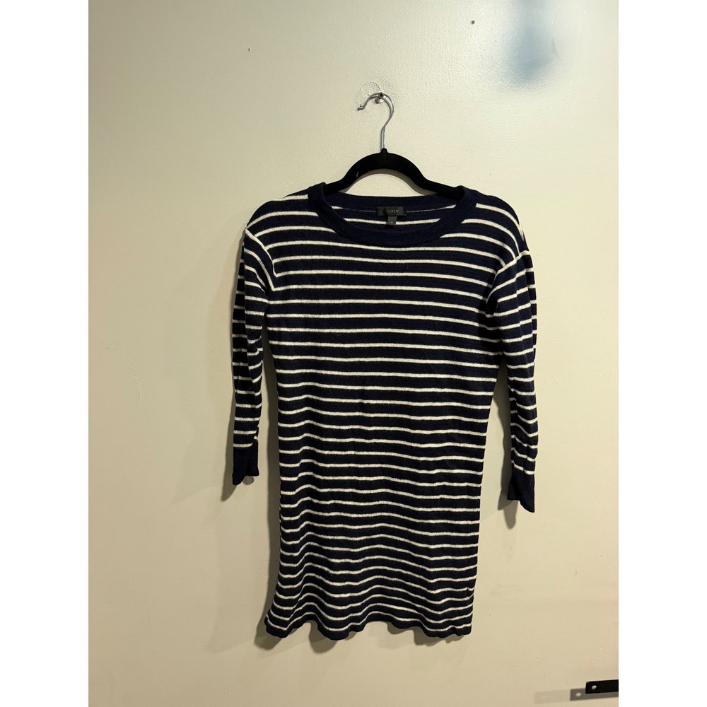 J.Crew Navy White Striped 100% Merino Wool 3/4 Sleeve Sweater Dress Womens M